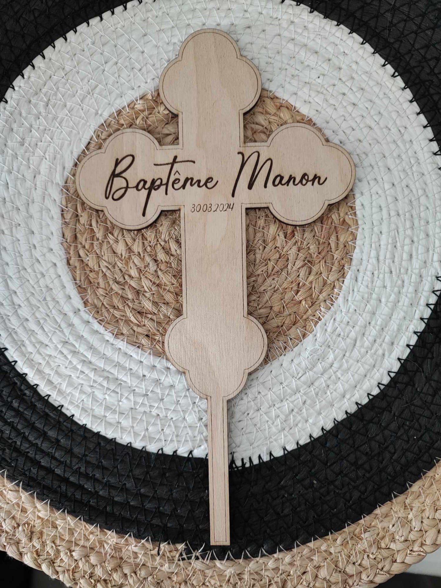 Cake Topper en Bois Personnalisé - Baptême (Croix)