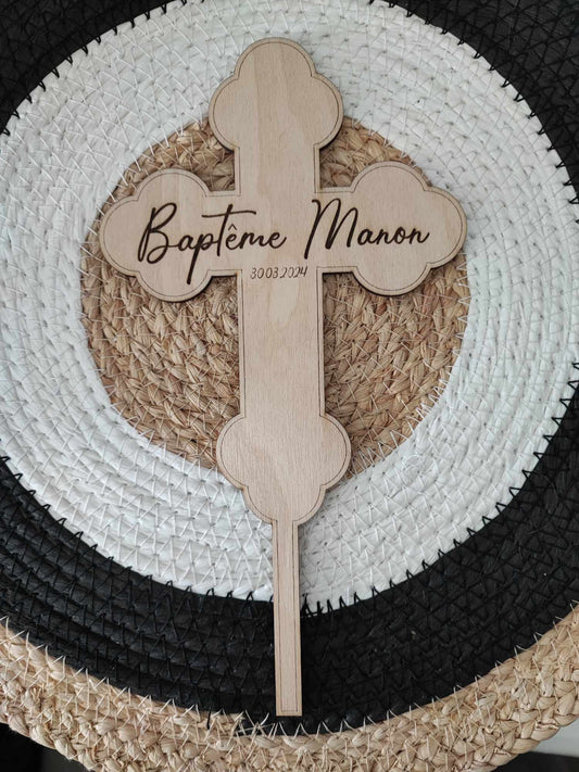 Cake Topper en Bois Personnalisé - Baptême (Croix)